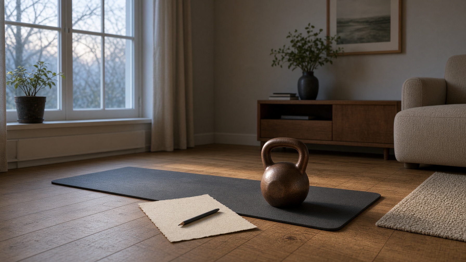 Dawn living-room floor, charcoal mat, copper kettlebell, chalk paper. No people.