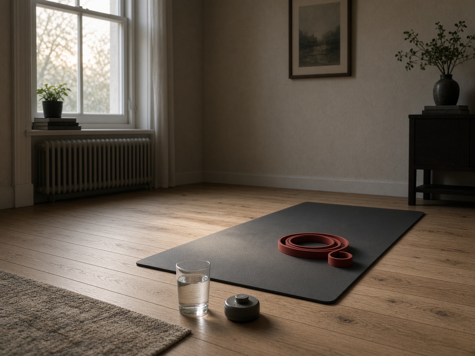 Quiet floor, brick-red band, timer.
